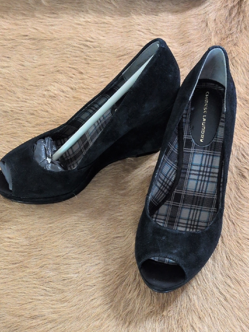 Chinese Laundry Black Suede Peep-Toe Wedge Heels